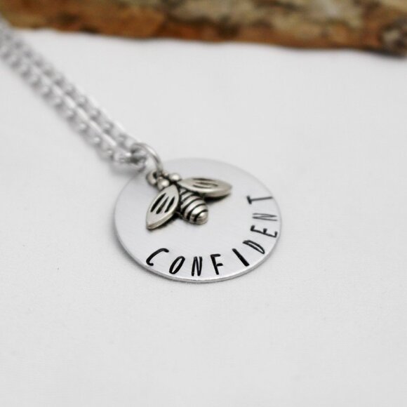 Bee Confident Hand Stamped Pendant Necklace - Handmade - 18" Chain - Picture 4 of 6